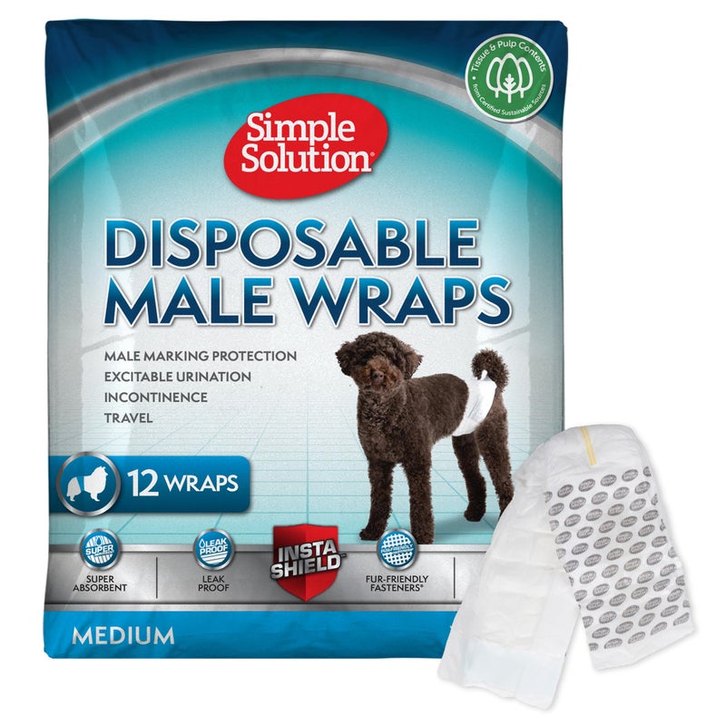 Simple Solution Disposable Wraps for Male Dogs, Dog Diapers, Male Dog Wraps, Leak Proof with Wetness Indicator, Potty Training, Doggie Diaper for Incontinence, 15 â€“ 23 Inch Waist, (M,12 Count) - Image 1